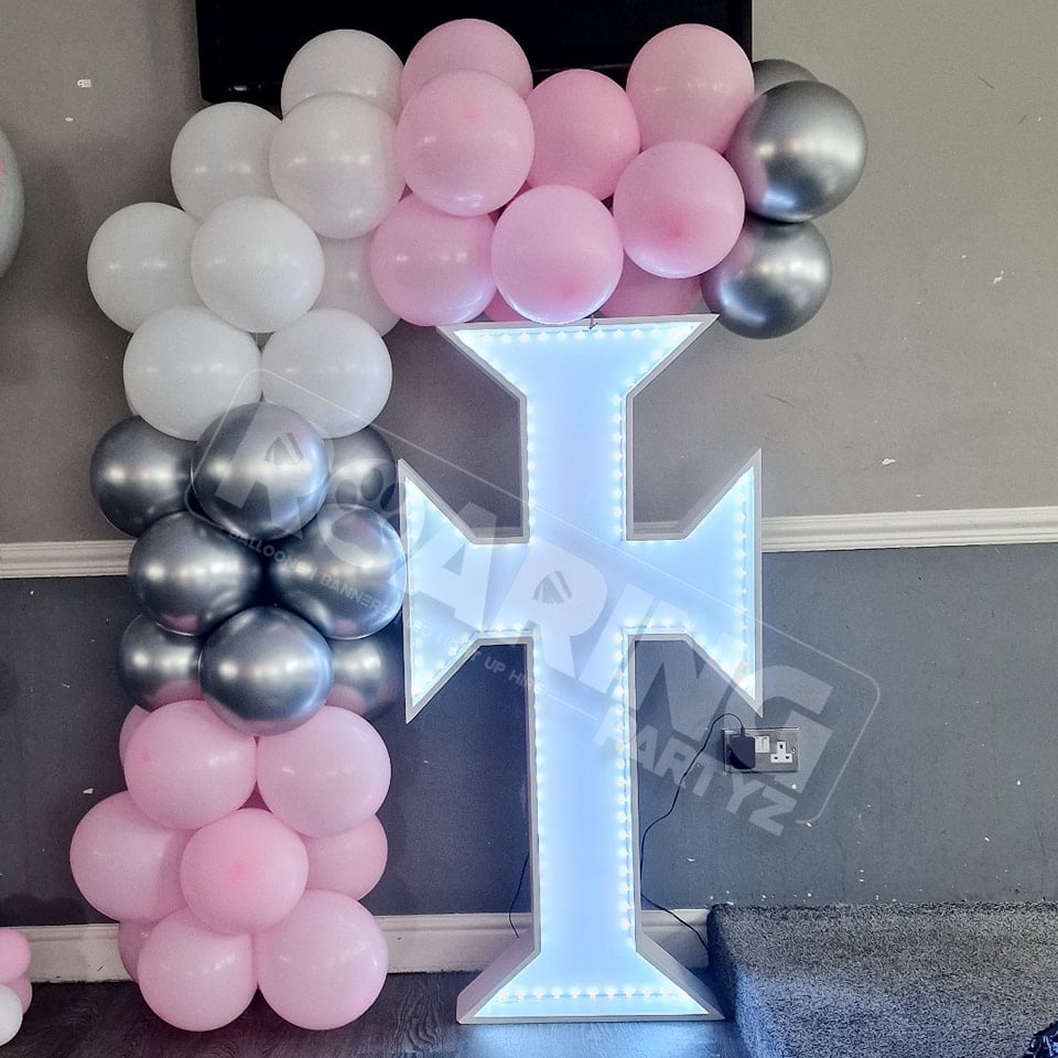 Light Up Cross with light pink, silver and white arch