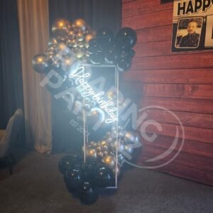 5ft Metal Frame With balloon garland and neon Happy Birthday