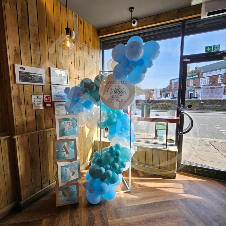 Metal Plinth and Balloon Garland for a baby shower