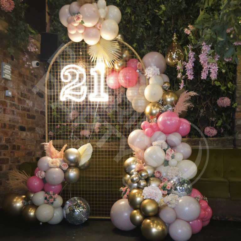 Golden Arch Frame with deluxe garland, florals and neon 21