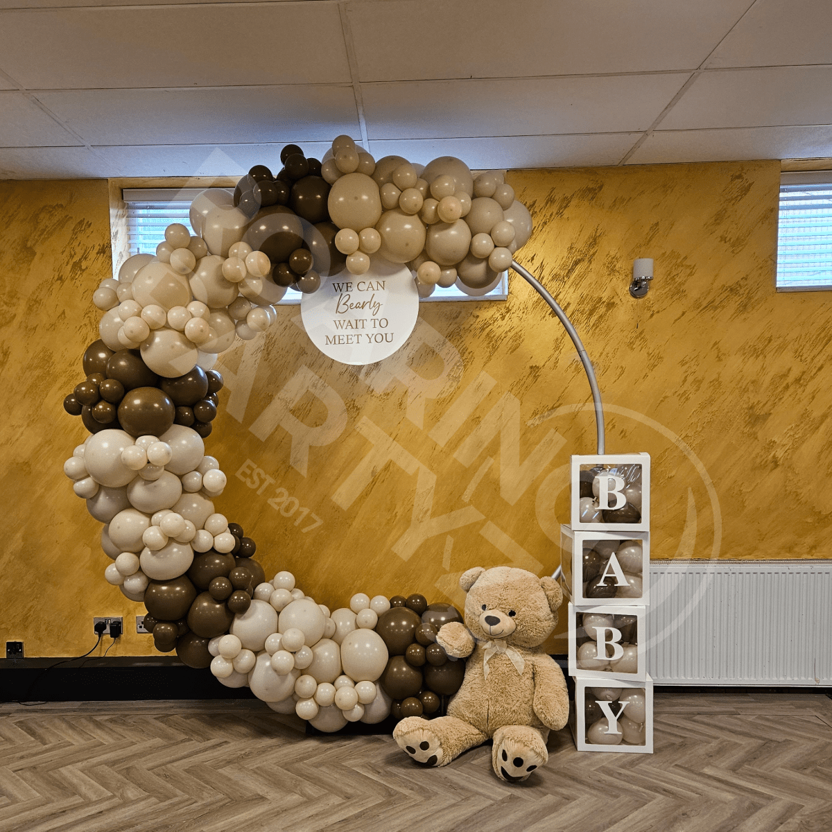 2m Balloon Hoop with half coverage and added Teddy Bear hire and letter boxes for a baby shower at the L21 Bar. Baby Shower Balloon & Decor in Liverpool