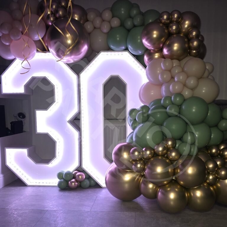 4ft Light Up Numbers with a White sand, Eucalyptus and Gold Deluxe Garland