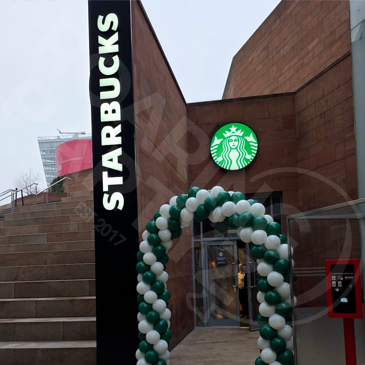 Corporate Balloon Arch for Starbucks Coffee as they reopened their Liverpool One Store after refurbishment