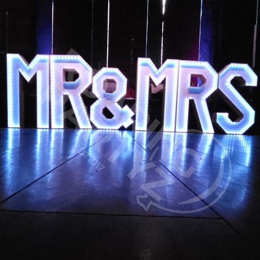 Light up Mr & Mrs in situ at a wedding reception in Liverpool City Centre