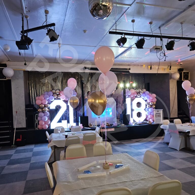 Light up numbers 18 & 21 with simple balloon garlands at a joint birthday party in Mel Inn, Bootle.