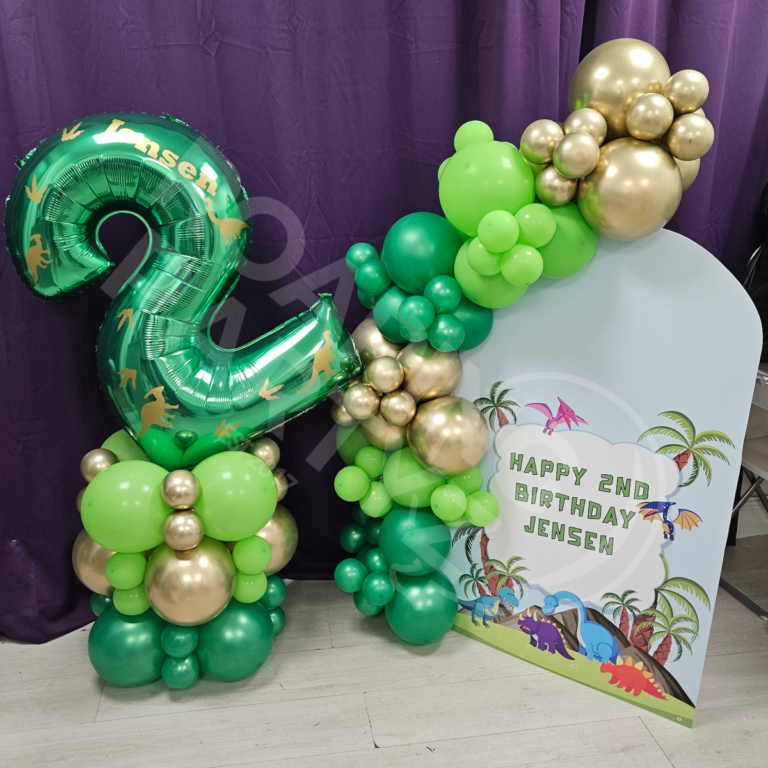 Dinosaur themed Number Tower and Personalised Backdrop for a 2nd Birthday