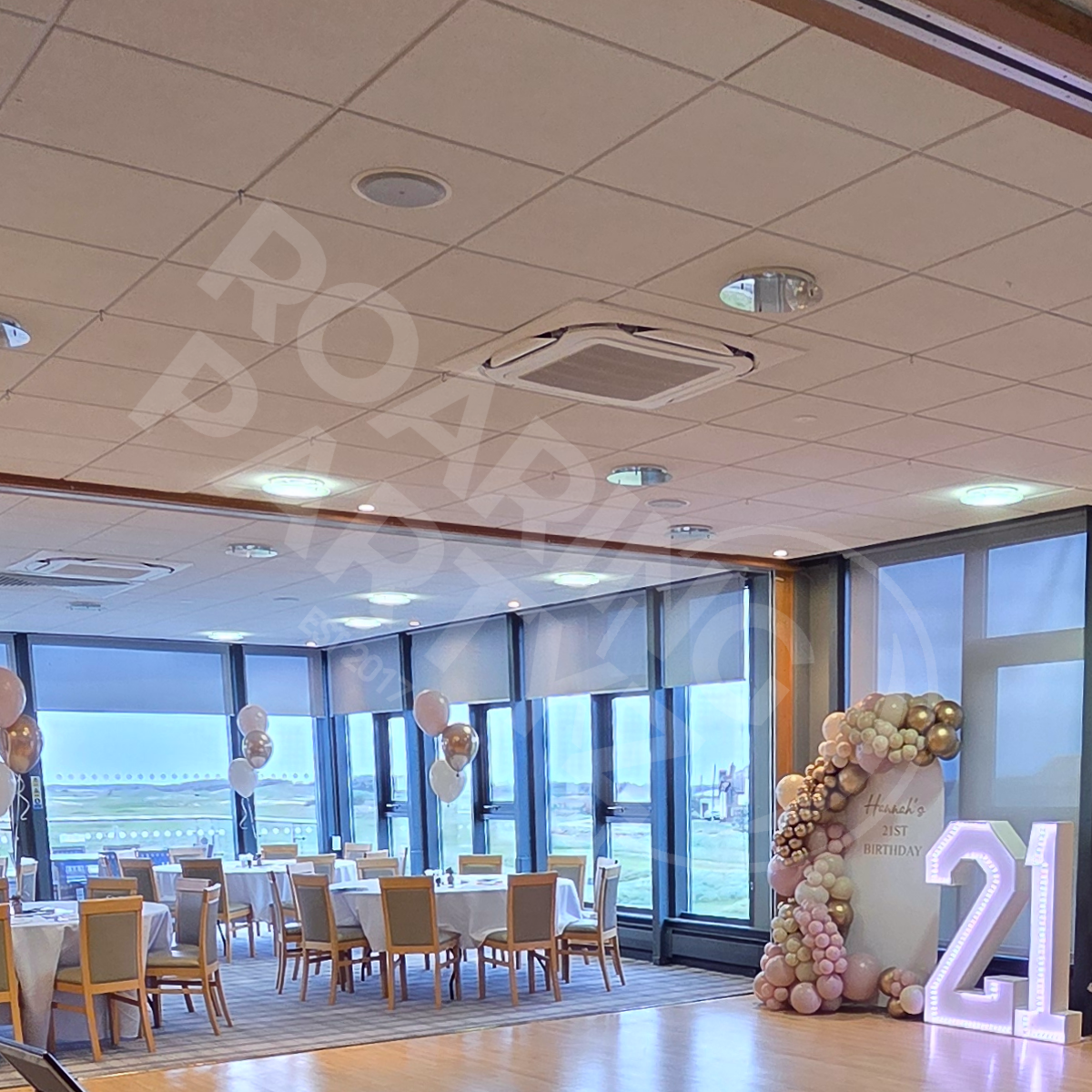 Personalised Arch Backdrop, Light Up Numbers and Table clusters at Crosby Golf Club
