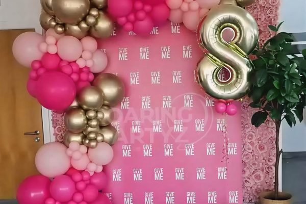 Deluxe Organic arch plus number balloon for Give Me Cosmetics - Corporate Balloon Arch Liverpool